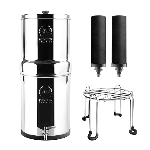 Gravity Water Filter System - 1.5 Gallons NSF Certified AISI 304 Stainless Steel Water Filter with 2 Smart (Black) Carbon Filter Elements & Free Stainless Steel Stand and Spigot (1.5G)