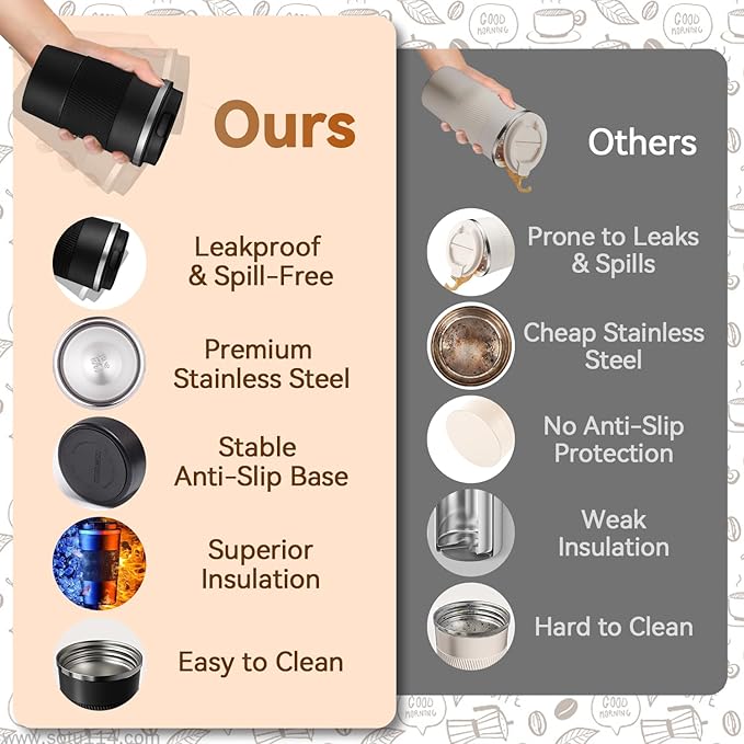 17OZ Travel Coffee Mug Insulated Coffee Cup with Spill Leak Proof Lid, Portable Stainless Steel Tumbler Reusable Hot and Cold Water Mug for Car, Daily, Camping- Black