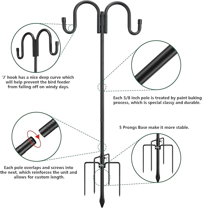 Black Double Shepherds Hook - 52 Inch Adjustable Bird Feeder Pole with 5 Prongs Base - Heavy Duty Rustproof Shepards Hooks for Outdoor Hummingbird Feeder Stand, Solar Lights, Lanterns, Flower Basket