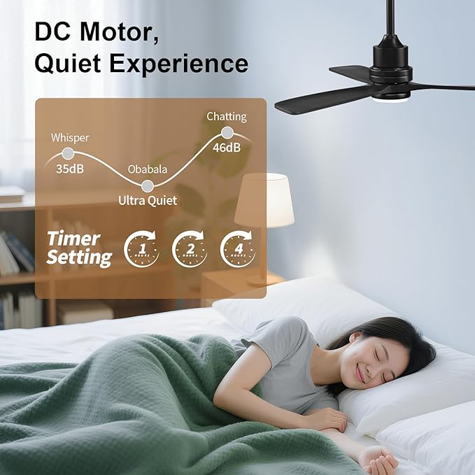 Obabala 52IN Ceiling Fan with Light and Remote Control Indoor Outdoor Ceiling Fan with 3 Blades Wood Reversible Function for Patio, Porch, Bedroom, Living Room (Black)