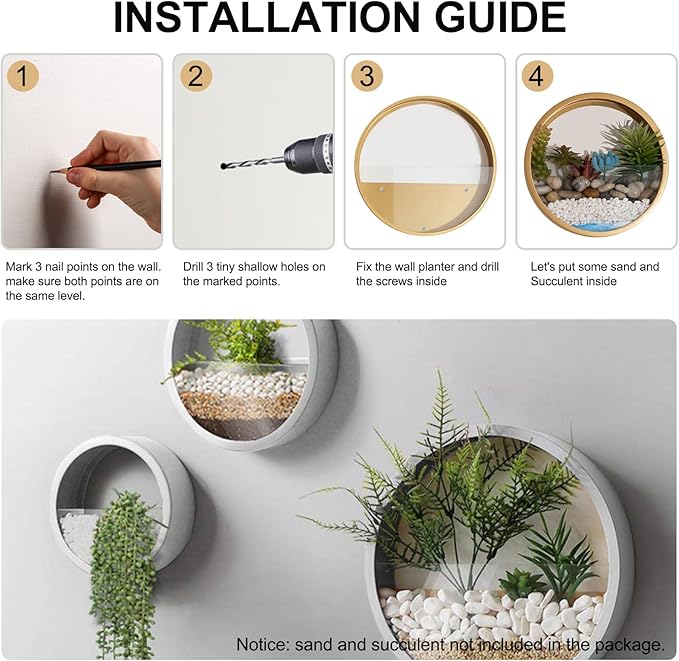 3 Pack Set Wall Planters,Modern Round Glass Wall Planter Succulent Planter Circle Iron Hanging Planter Vase for Herb,Small Cactus Perfect for Balcony, Room and Patio Decor (White)