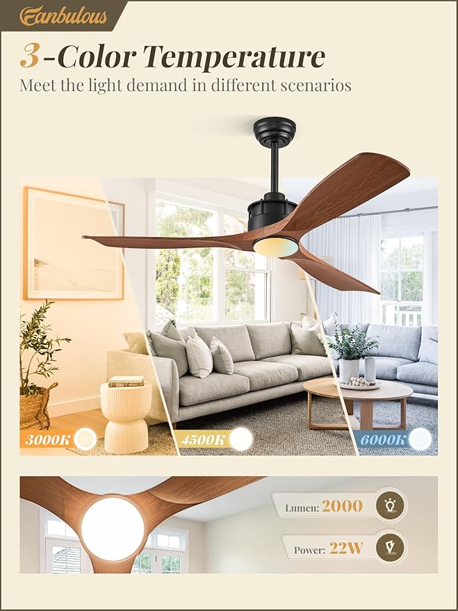 52" Ceiling Fans with Lights and Remote Control, Flush Mount Ceiling Fan with 3 LED Colors,Outdoor Ceiling Fans with 2 Downrods 6-Speeds Reversible DC Motor for Patio Bedroom Living Room