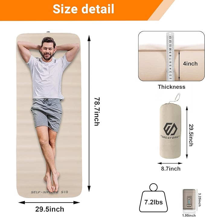 Self Inflating Sleeping Pad, 4" Extra Thick Memory Foam Camping Pad, 60S Fast Air Self-Inflating Camping Mattress Pads, 4 Season Sleeping Mat for Camping Rooftop Tent Car Truck Van