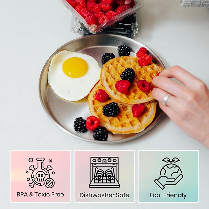 Children's 304 Stainless Steel Four (4) Piece Plate Set, 21 cm, Matte Finish, Plates for Kids, Toxin Free Stainless Steel Dinnerware Set, Non-Divided Plates, 100% BPA Free