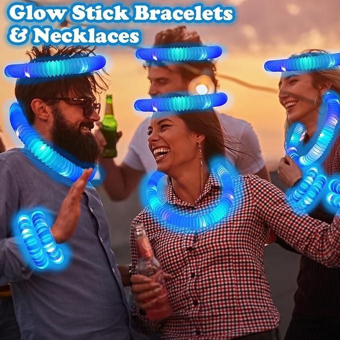 Blue Glow Sticks Party Favors for Kids 24 PCS,LED Light up Pop Tubes for Toddlers, Neon Necklaces Bracelets Accessories, Glow Birthday Wedding Dance Party Supplies Camping Toys Decorations