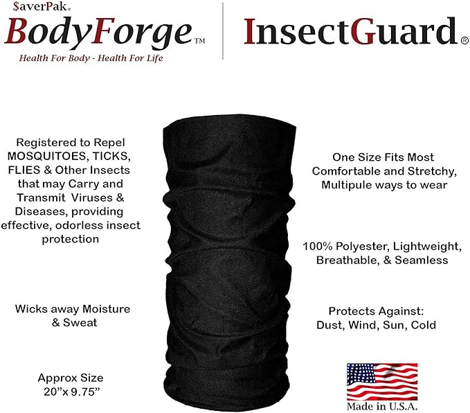 $averPak BodyForge & InsectGuard - Permethrin Treated Mosquitoes, Flies, Ticks & More Insect Repellent Tube Bandanna Neck Gaiter Headband (Black)