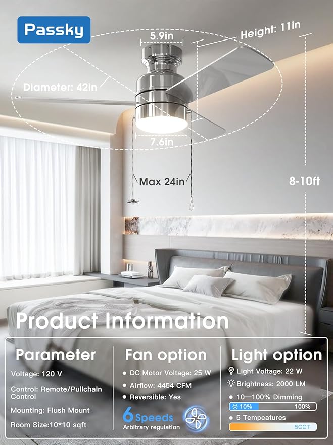 Ceiling Fans with Lights, 42 inch Low Profile Ceiling Fan with Pull Chain and Remote Control, Flush Mount, Reversible, 5CCT, Dimmable, Noiseless, Nickel Pull Cord Ceiling Fan for Bedroom