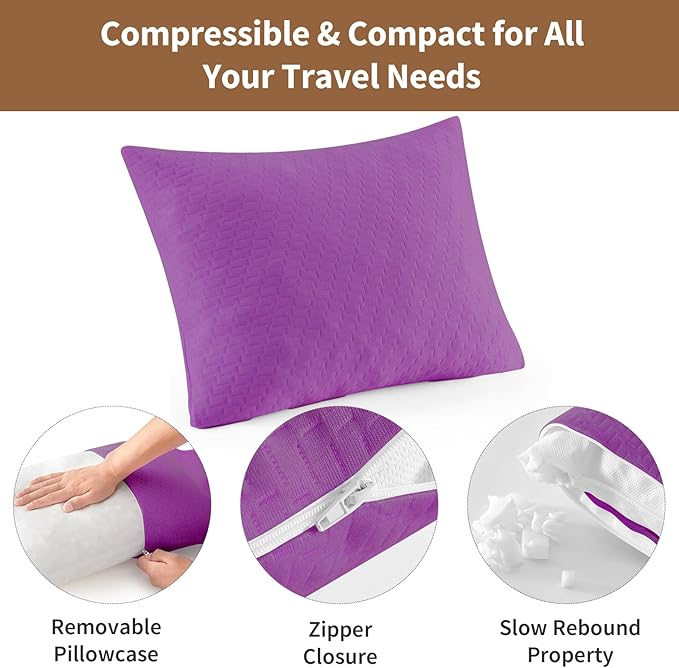 Small Shredded Memory Foam Pillow, Camping Pillow Travel Pillow - Compressible Medium Firm, Breathable Cover, Ideal Backpacking Hiking, Airplane and Car (Purple, M)