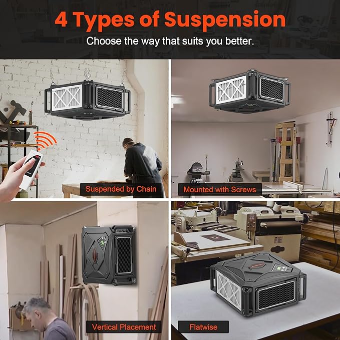 Abestorm 270 Degree Intake Air Filtration System, 780 CFM Workshop Hanging Dust Collector with Remote Control, Ceiling Mounted for Woodworking Shops and Garage, 2-speed Adjustment, DecDust 780