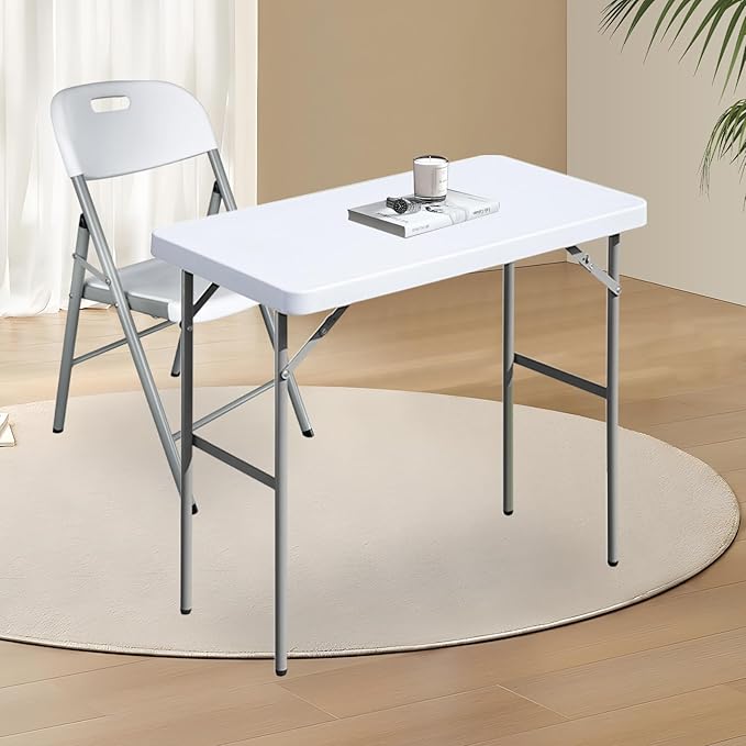 Folding Table 2.7ft Rectangular All-Occasion Plastic Folding Event Table for Indoor and Outdoor, Portable Desk, Camping, Durable and Stable, HDPE and Steel, Wide Application, White