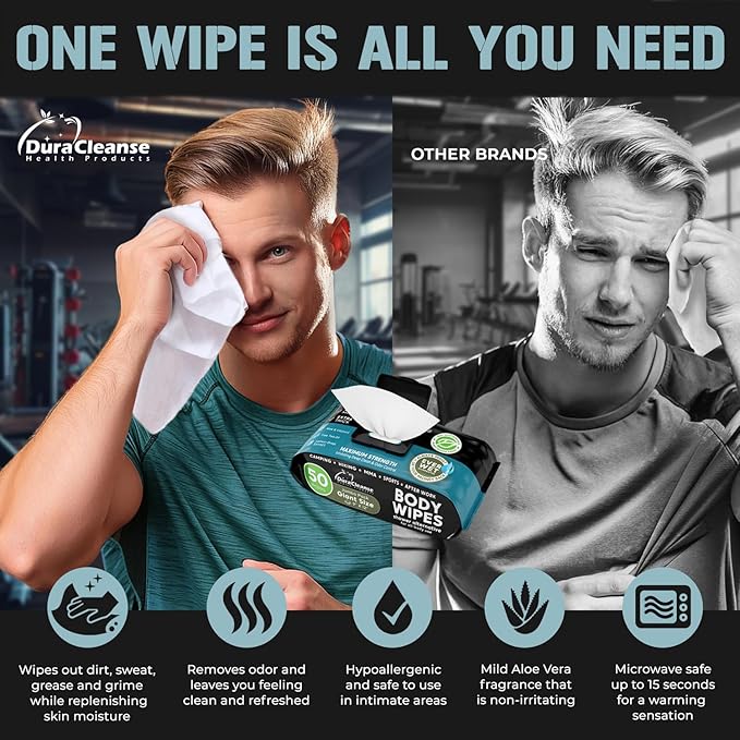 Body Wipes for Men (2pk) - 100 XL No Rinse Shower Sheets + 8 Travel Bath Wipes - 9"x12" After Gym Adult Washcloths - Mens Deodorant & Face Towels For Camping Essentials, Survival Gear and Supplies