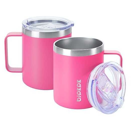 BJPKPK 2 pcs Stainless Steel Insulated Coffee Mug, 14oz, Pink-14oz, Coffee Cup with Lid and Handle, Double Vacuum Insulation, BPA Free