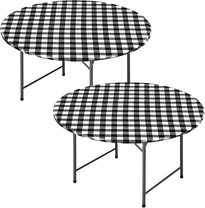 Fitable 2 Pack Vinyl Fitted Tablecloth Round, Black and White - Waterproof Checkered Elastic Tablecloth Flannel Backed Gingham Table Cover for Outdoor Picnic Dining (Fit for 36"-44" Round Tables)