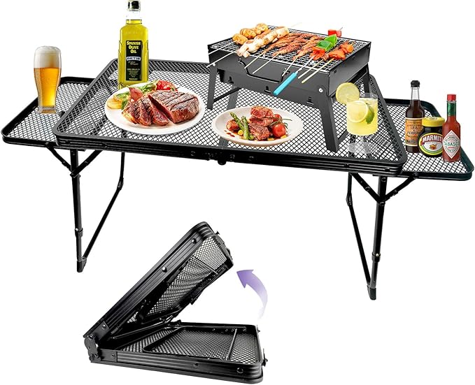 BRIAN & DANY Folding Grill Table Camping Table, Metal Portable Picnic Table, Lightweight Height Adjustable Foldable Table for Outdoor, Black, 40.16"x15.7"x11.8/14.9"