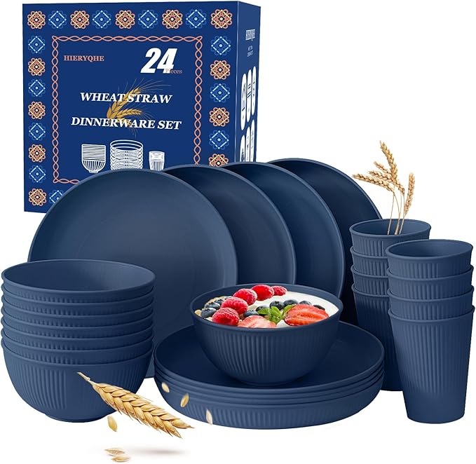 24pcs Wheat Straw Dinnerware Sets For 8, Unbreakable Plates and Bowls Wheat Straw Dinnerware Microwavable Cups Plates and Bowls Sets Shatterproof For Outdoor Kitchen Camping