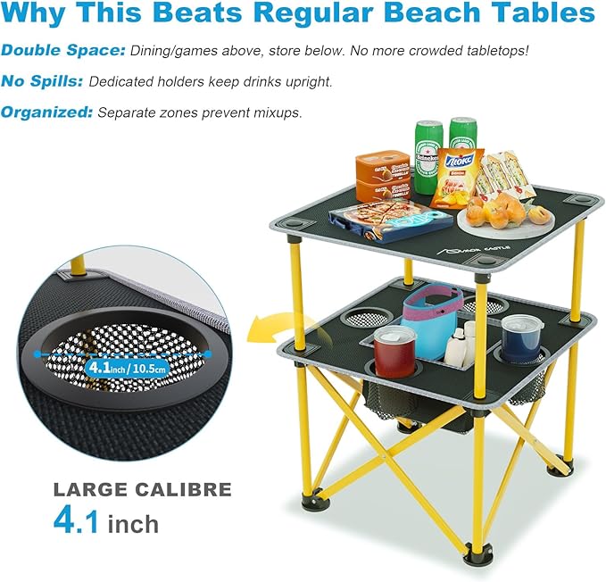 Folding Camping Table with 4 Cup Holders, Lightweight Portable Beach Outdoor Picnic Table, Square Camp Table with Built-in Food Basket Travel Bag for BBQ, Camping, Tailgate