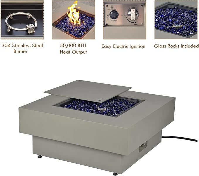 32.5-inch Outdoor Gas Fire Pit with 20lb Propane Tank Cover Table, 50,000BTU Propane Gas Fire Pits for Outside Patio w/Square Burner Lid, Glass Rocks, Pre-Attached 10ft External Gas Hose