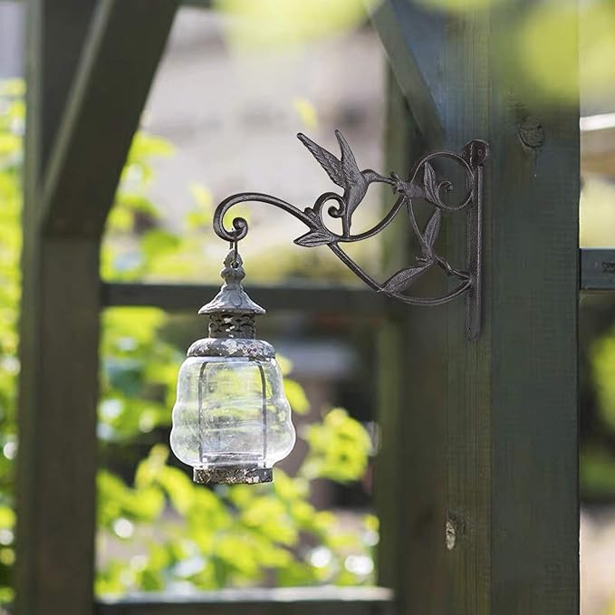 2PCS Plant Hangers Outdoor Plant Hooks for Wall/Fence, Hummingbird Hanging Plant Bracket Heavy Duty Cast Iron Plant Hanger for Lantern/Bird Feeder, Drak Brown