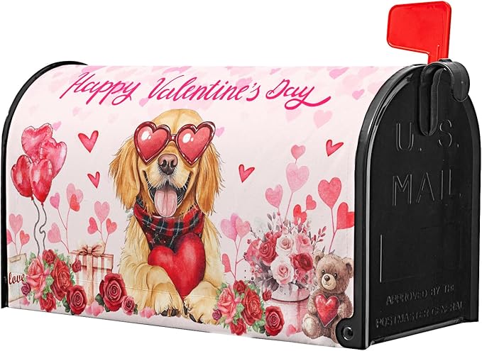 Happy Valentine Mailbox Covers Magnetic Standard Size 25.5"x21" Golden Retriever Dog Love Heart Decorative Mail Box Post Cover Rose Anniversary Pink Mail Box Post Cover for Home Outdoor Garden
