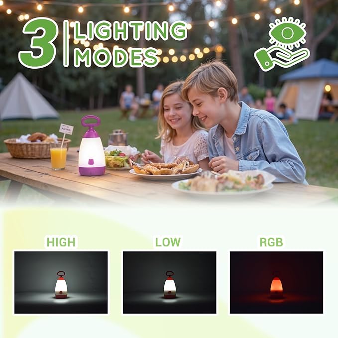 Kids Camping Lantern & Night Light Battery Powered (AAA Included), 360° Eye-Safe Light, IPX4 Waterproof with RGB Modes Portable for Outdoor, Emergency & Bedtime, Gift for Children (Purple)