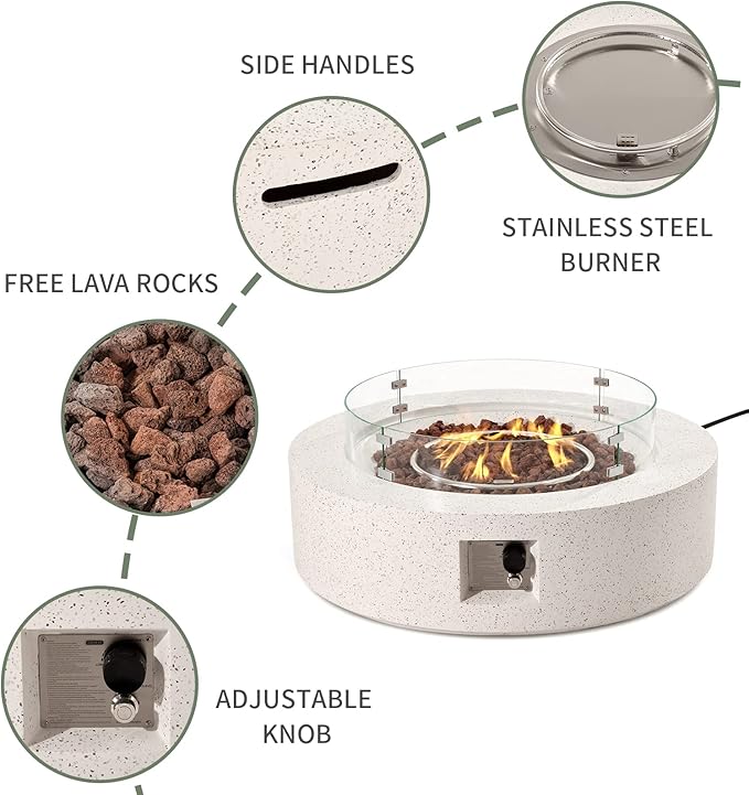 COSIEST 2-Piece Outdoor Propane Firepit Table Set w Tank Table, 42 inch Dark Fire Table CSA Certified, 50,000 BTU w Beige Round Base,Wind Guard and 16 inches Tank Side Table 20lb for Garden,Pool