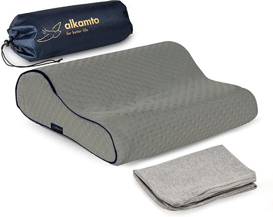 Memory Foam Pillow for Travel and Camping with Extra Cotton Cover – Easy to Carry Portable Bag (Grey Contour)