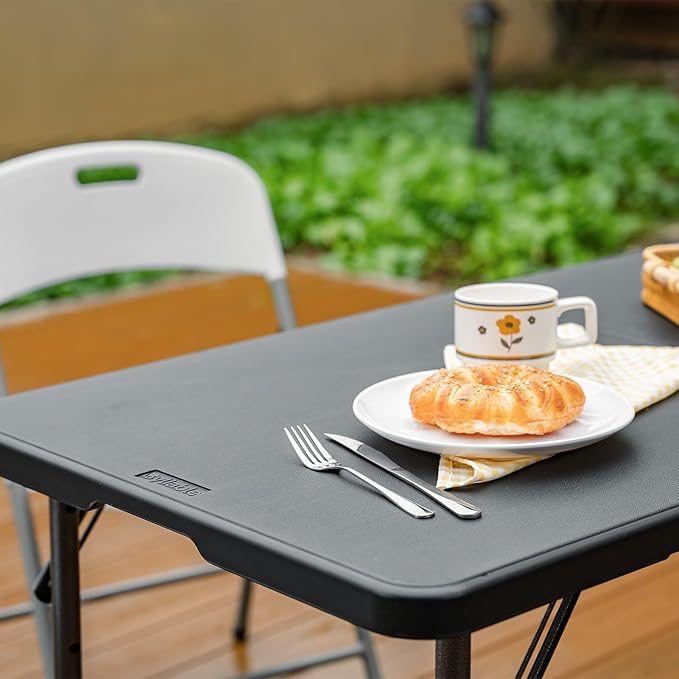 Folding Table 4 Foot Portable Heavy Duty Plastic Fold-in-Half Utility Table Small Indoor Outdoor Adjustable Height Folding with Carrying Handle, Camping and Party, Black