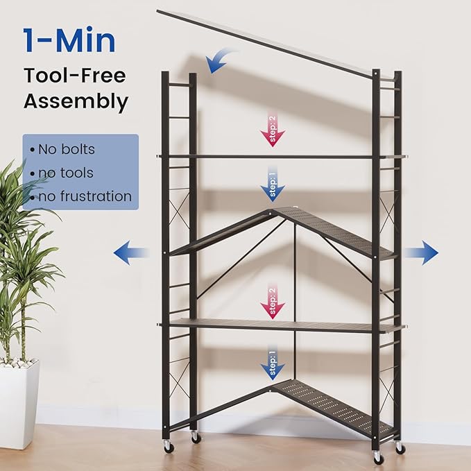 ALANNG 39.4" Wide Folding Storage Shelves with Wheels, Adjustable Metal Shelving Unit, Standing Shelf Organizer for Closet Kitchen Garage Laundry Pantry (Black,1 Pack)