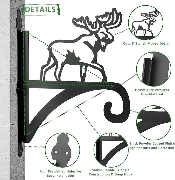 ATKKE Hanging Plant Bracket Hangers Indoor Iron Wall Mount,11??Moose Silhouette Ornamental Iron Hangers Hookers for Flower Pot Lantern Bird Feeder Wind Chimes