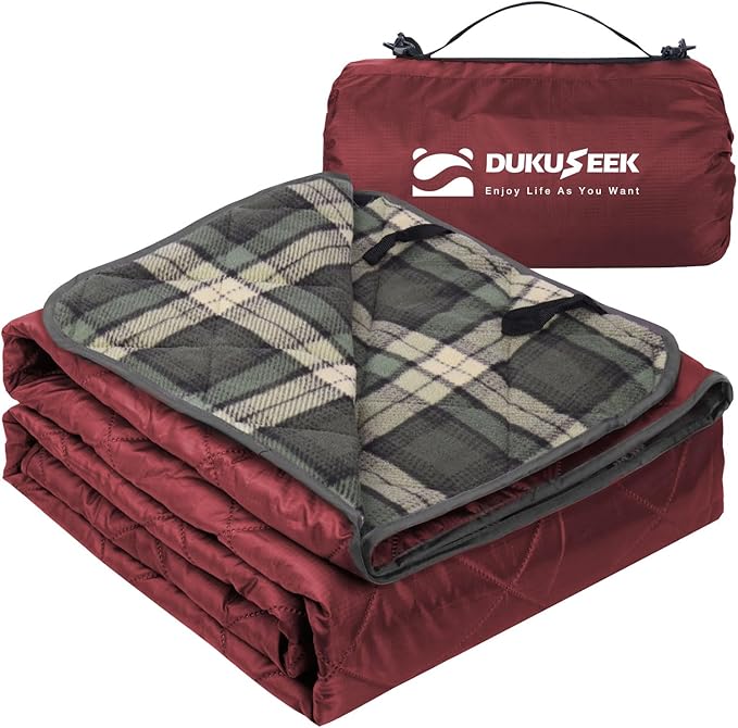 DUKUSEEK Waterproof Camping Blanket with Super Thick Fleece Lining, Large Outdoor Blanket Windproof with Foldable Hood for Camping Stadium Sporting Events,79"x 58"