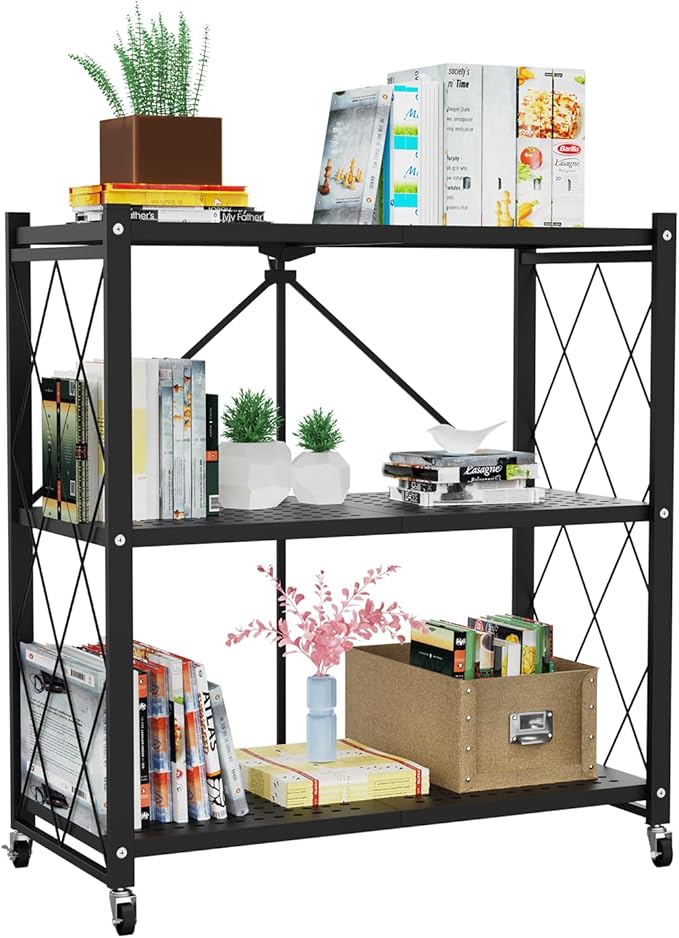 3-Tier Foldable Storage Shelf with Wheels - Metal Rack Collapsible Shelving Unit Display, Rolling Cart for Books Kitchen Storage Shelves, Pantry & Closet Organizer, Office Room Decor