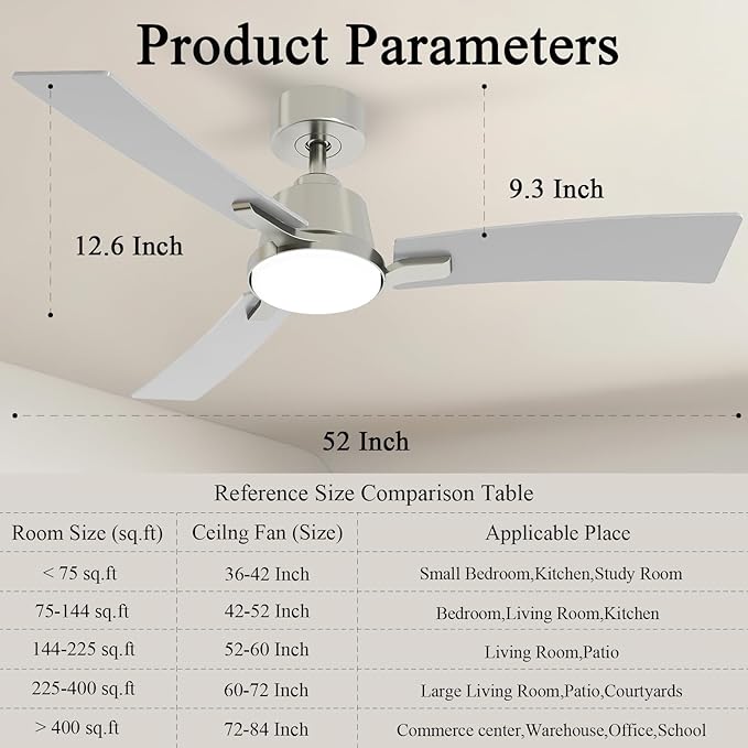 52 Inch Ceiling Fans with Lights,Low Profile Ceiling Fan,Modern Flush Mount,Reversible 6 Speeds,3CCT Dimmable Noiseless Ceiling Fans for Living Room,Bedroom and Patio,ETL Listed