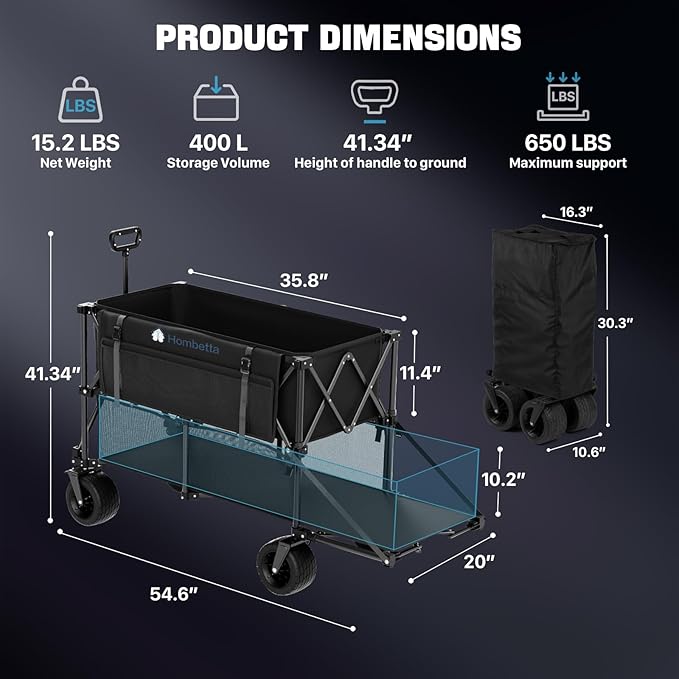 400L Folding Double Decker Wagon, 560LBS Heavy Duty Utility Cart with Brakes, Wagon Cart with Wheels Foldable, All-Terrain Big Wheels for Camping, Beach, Picnic, Outdoor Use, Black