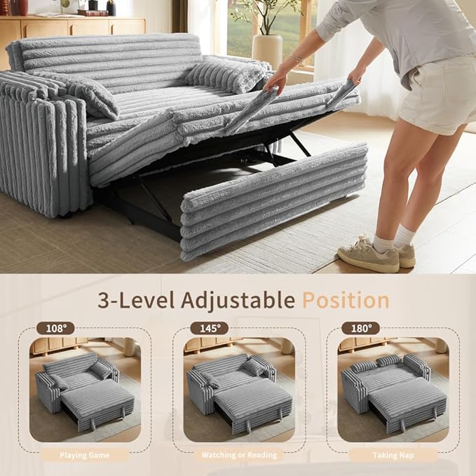68" Corduroy Convertible Sofa Bed with USB, Storage Armrests & Pillows – 3-in-1 Foldable Sleeper Chair Floor Couch for Living Room, Bedroom, Guest Room (ZY-1109-Light Gray)