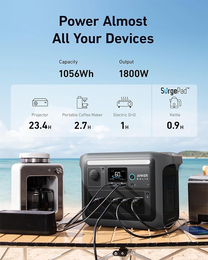 Anker SOLIX C1000 Portable Power Station with 200W Solar Panel, 1800W Solar Generator, 1056wh LFP (LiFePO4) Battery, 6 AC Outlets, Up to 2400W for Home, Power Outages, and Outdoor Camping