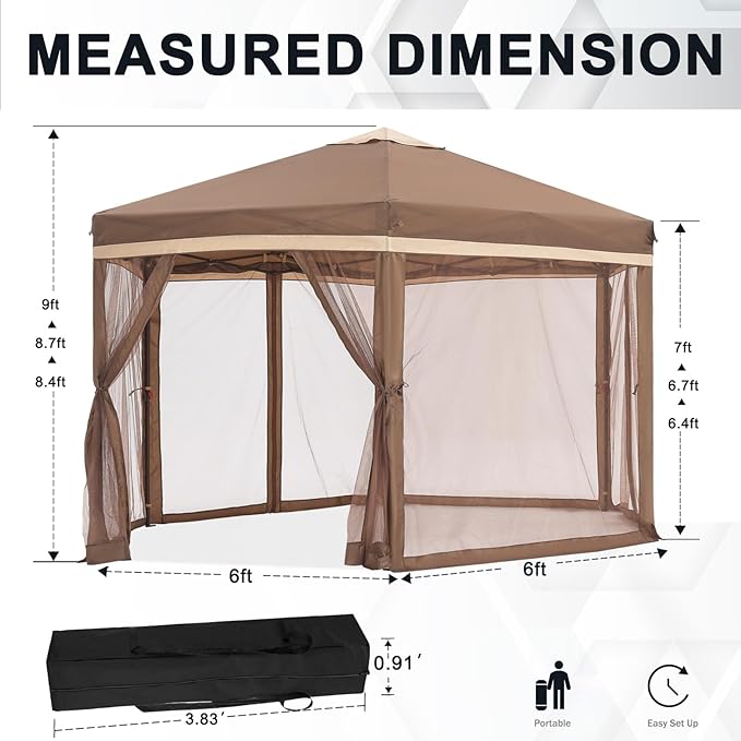 COOSHADE Pop up Canopy, 10X12 Pop up Tent with Mesh Walls, 6 Sides Gazebo, Patented 1 Step Lock Tech, Screened House for Outdoor/Camping/Lawn/Trip/Gathering, Khaki and Brown
