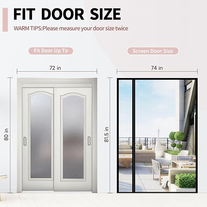 Fiberglass Magnetic Door Screen Fit Door Size 72 x 80 Inch, Sunmoxia Reversible Left or Right Side Opening Durable Reinforced Mesh Curtain, Heavy Duty Screen Door