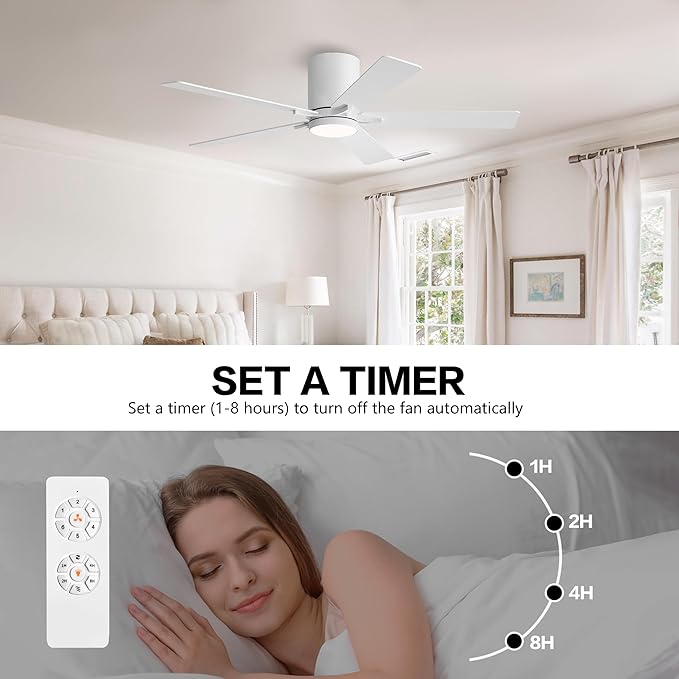 WINGBO 48" DC Flush Mount Ceiling Fan with Lights, 6-Speed Reversible DC Motor, 3CCT, Low Profile Hugger Ceiling Fan for Living Room Bedroom Kitchen, White Finish and White/Oak Blades