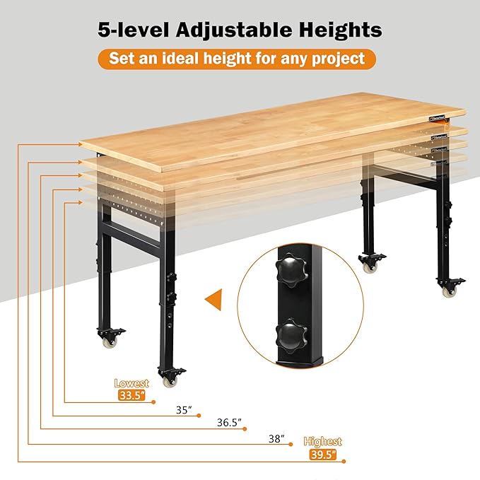 60" Adjustable Workbench for Garage, Rubber Wood Shop Table W/Wheels & Double Pegboards & Drawer, 2000 LBS Load Capacity Hardwood Worktable for Workshop, Garage, Office, Home, Commercial