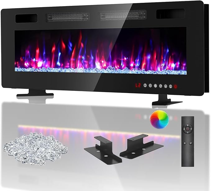 BREEZEHEAT 60 Inch Ultra Thin Electric Fireplace-Freestanding or Recessed Wall Mounted Fireplace Heater, Remote Control, Touch Screen, 750W/1500W, 8H Timer for Living Room, Bedroom, Office