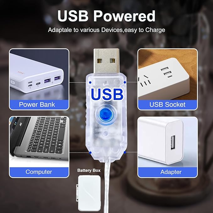 50LED Fairy Lights USB & Battery Powered, 16FT White Fairy String Lights with 8 Modes & Timer, Cuttable Copper Wire Waterproof Twinkle Light Indoor Outdoor for Bedroom Wedding Party Christmas Decor