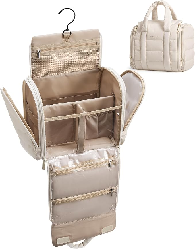 BAGSMART Toiletry Bag for Women with Hanging Hook, Puffy Water-resistant Makeup Cosmetic Bag for Accessories, Shampoo, Full-size Container, Toiletries, Beige