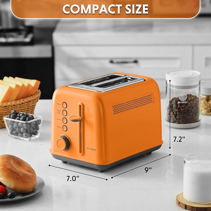 BUYDEEM DT620 2-Slice Toaster, Extra Wide Slots, Retro Stainless Steel with High Lift Lever, Bagel and Muffin Function, Removal Crumb Tray, 7-Shade Settings,Orange
