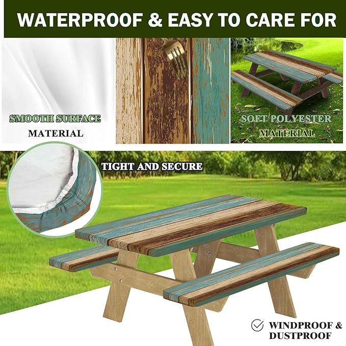 CAPSCEOLL Elastic Picnic Table Cover with Bench Covers 5Ft Waterproof Fitted Picnic Table Cover Cloths for Outdoors Camping Tablecloth with Drawstring Bag, 60X30in, Blue Brown Wood