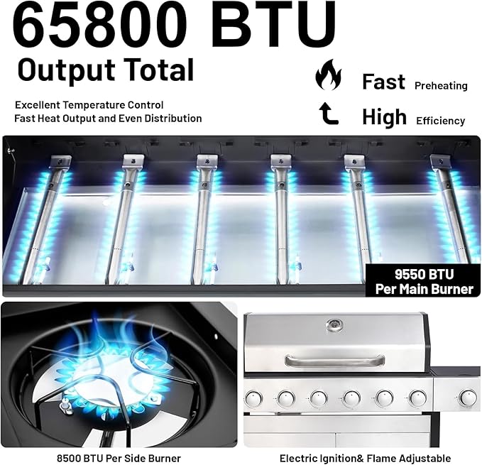 6-Burner Propane Gas BBQ Grill, 2 in 1 Propane Griddle Grill Combo with Porcelain-Enameled Cast Iron Grates & Plate, 65800 BTU with Side Stove for Outdoor Cooking Camping Patio Backyard(6+1 burner)