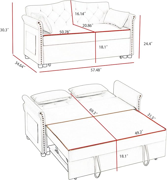 57" Velvet Pull-Out Sofa Bed, 3-in-1 Convertible Loveseat with Gold Trim Strips and Adjustable Backrest, Perfect for Living Rooms, Offices and Apartments (Black)