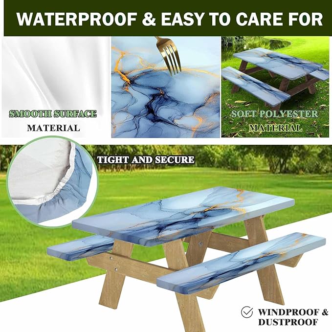 CAPSCEOLL Elastic Picnic Table Cover with Bench Covers 5Ft Waterproof Fitted Picnic Table Cover Cloths for Outdoors Camping Tablecloth with Drawstring Bag, 60X30in, Blue Marble