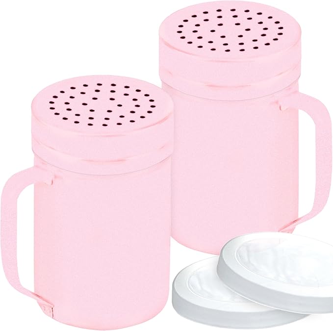 CUSINIUM 14oz Pink Stainless Steel Salt Pepper Dredge Shakers - With Plastic Cap - With Handle - Pack of 2