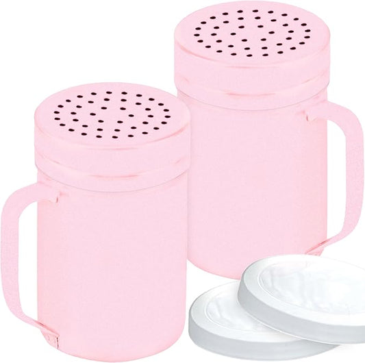 CUSINIUM 14oz Pink Stainless Steel Salt Pepper Dredge Shakers - With Plastic Cap - With Handle - Pack of 2