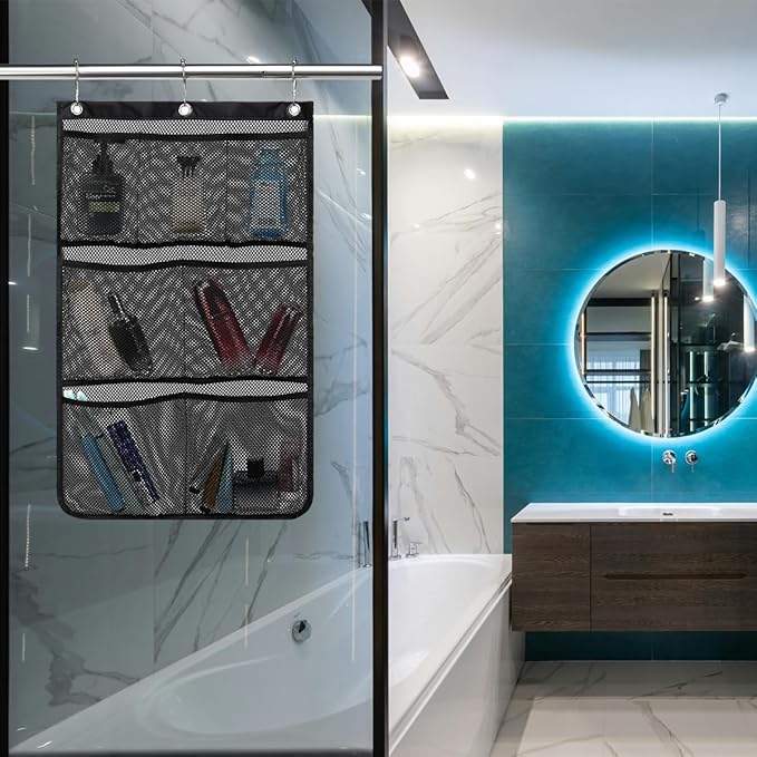 Hanging Mesh Shower Caddy for Bathroom - Quick Drying Portable Shower Organizer with Multiple Pockets for Soap,Shampoo and Cruise Ship Essentials Saving Bathroom Storage,Black,1 Pack